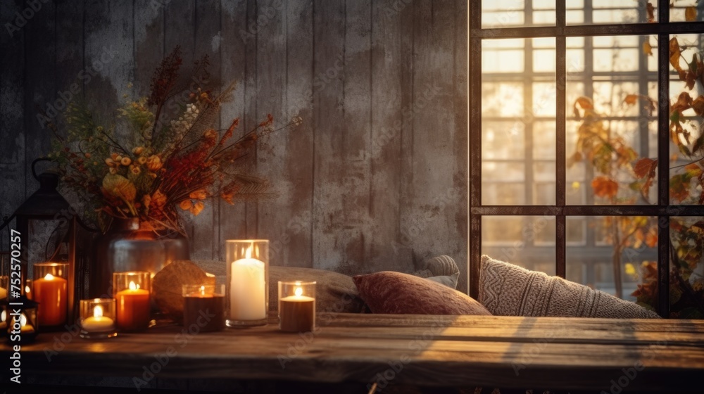 A cozy wooden table with candles next to a window. Perfect for home decor
