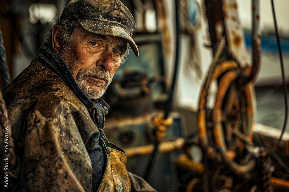 An old sailor in weathered gear holds the ship wheel aboard a traditional vessel An old sailor in weathered gear holds the ship wheel aboard a traditional vessel
