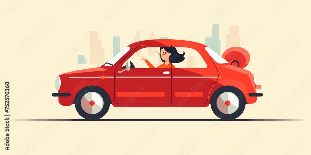 Naklejka premium A woman driving a red car in the city. Suitable for automotive and urban lifestyle concepts