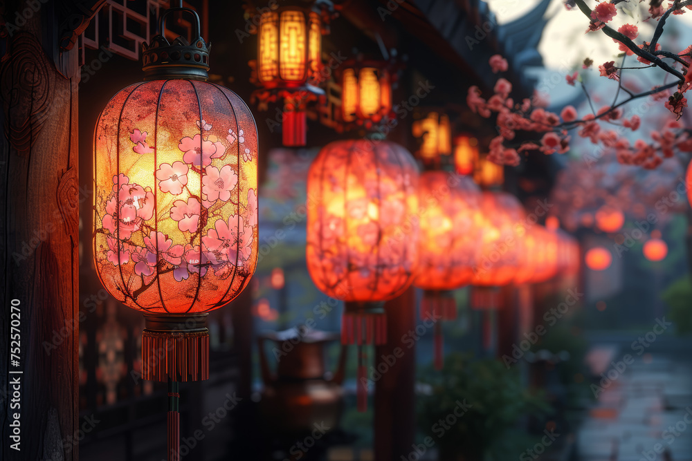Traditional Chinese lanterns, reminiscent of lighthouses, casting a warm glow. Generative Ai. Traditional Chinese lanterns, reminiscent of lighthouses, casting a warm glow. Generative Ai.
