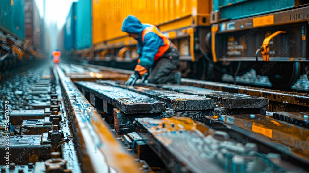 Industrial Worker Loading Cargo During Rainy Day. Generative ai Industrial Worker Loading Cargo During Rainy Day. Generative ai
