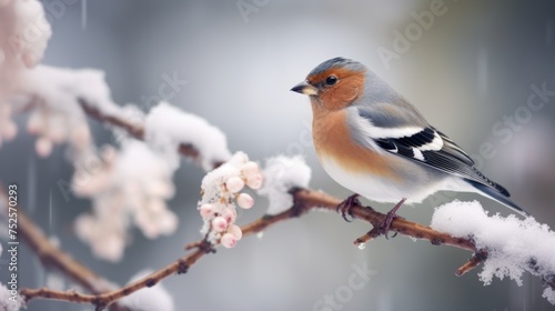 A bird perched on a snow-covered tree branch. Suitable for winter themed designs © Fotograf