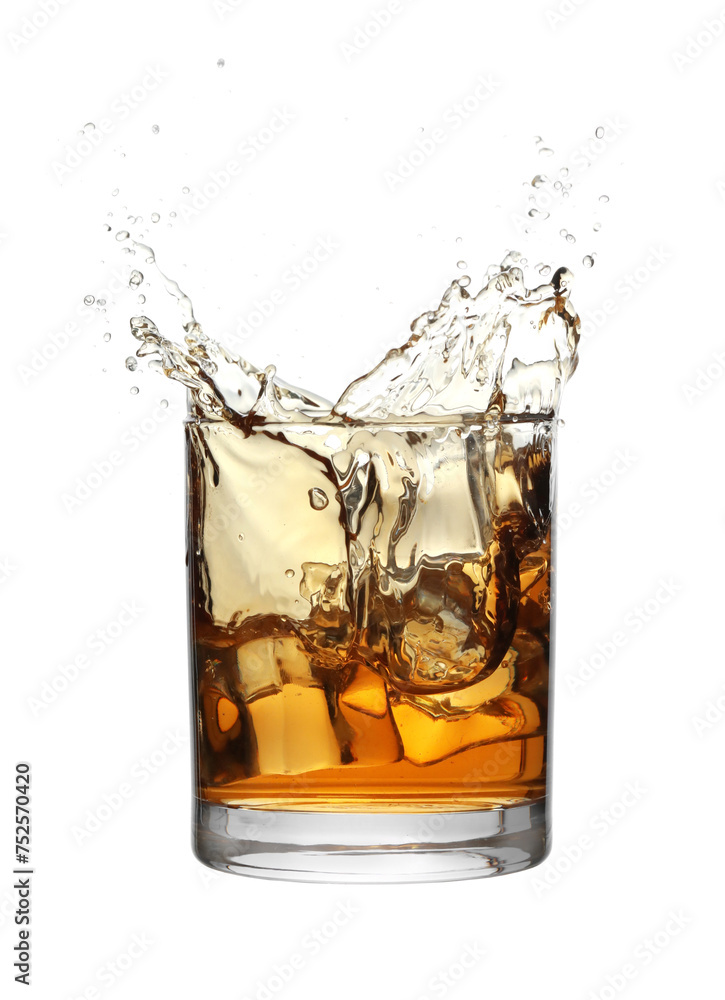 Whiskey splashing out of glass on white background Whiskey splashing out of glass on white background