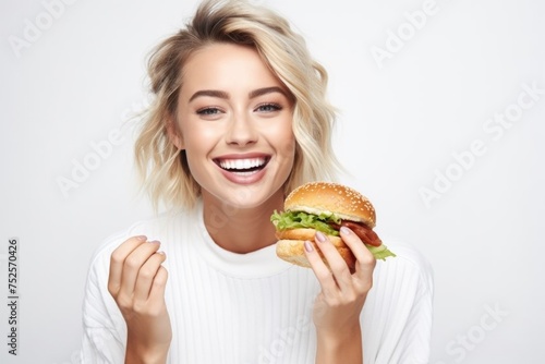 A woman holding a hamburger in front of her face. Perfect for food and lifestyle concepts