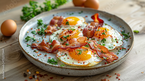 A dish of crunchy bacon and fried eggs.