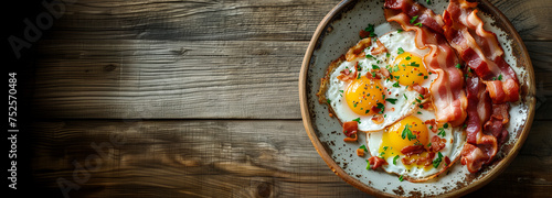 A dish of crunchy bacon and fried eggs on a wooden table.