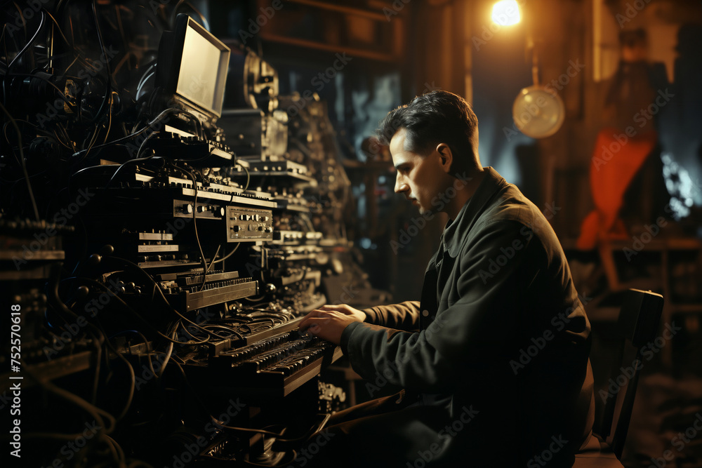 an employee controls industrial devices in a workshop or laboratory, a control panel with electronics and wires, in the style of industrial retro reportage photography - obrazy, fototapety, plakaty 
