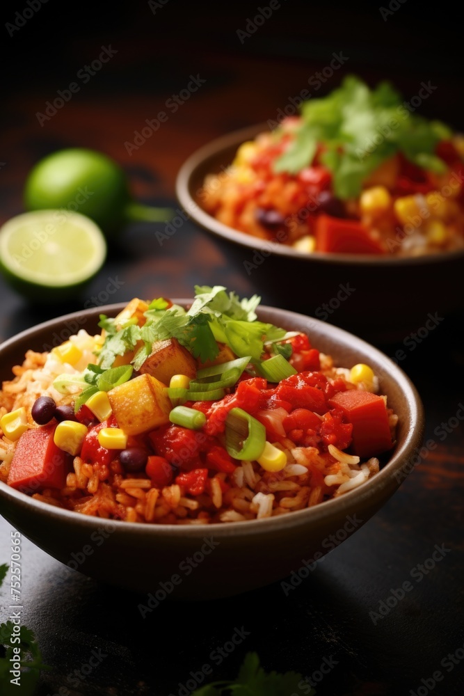 Two bowls filled with rice and vegetables, perfect for food concepts Two bowls filled with rice and vegetables, perfect for food concepts