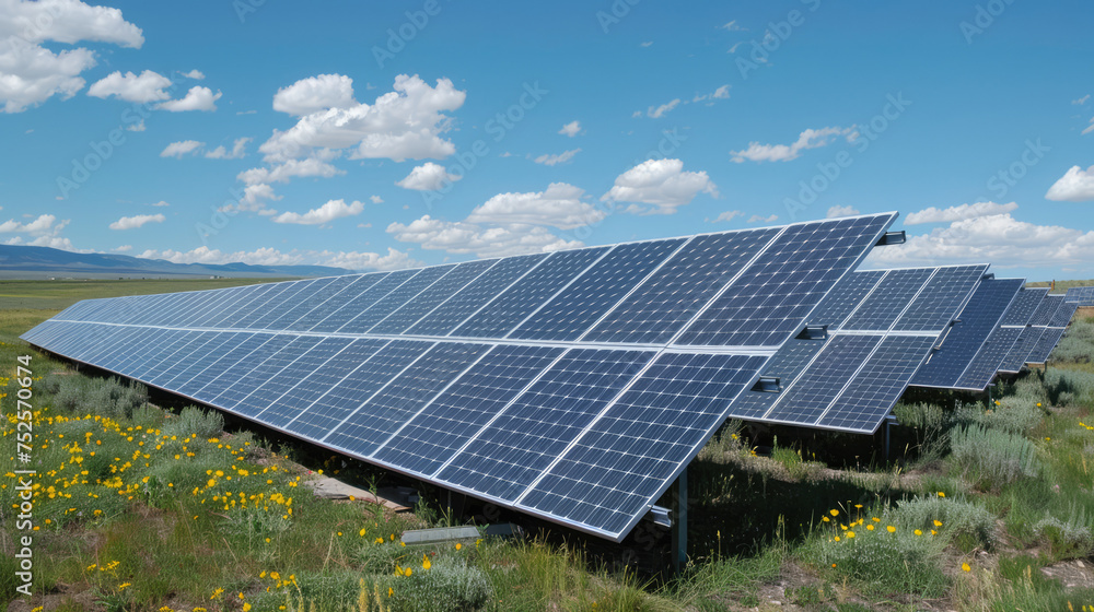 Solar panels under blue sky, green energy