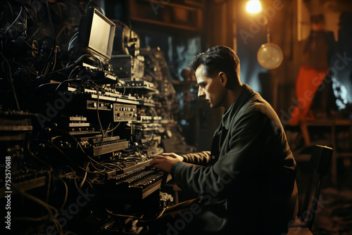an employee controls industrial devices in a workshop or laboratory, a control panel with electronics and wires, in the style of industrial retro reportage photography photo