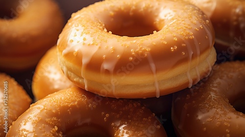 Delicious pile of glazed doughnuts with white icing. Perfect for bakery or dessert concept