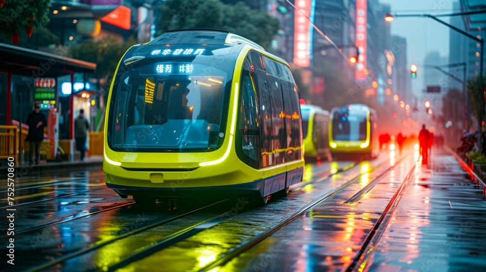 Futuristic Electric Tram Gliding Through the City Streets. Generative ai
