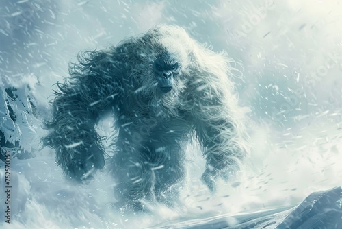Artistic representation of a mythical Yeti creature roaring in a blizzard with icy mountains in the backdrop photo
