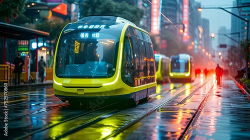 Futuristic Electric Tram Gliding Through the City Streets. Generative ai