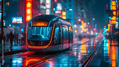 Futuristic Electric Tram Gliding Through the City Streets. Generative ai
