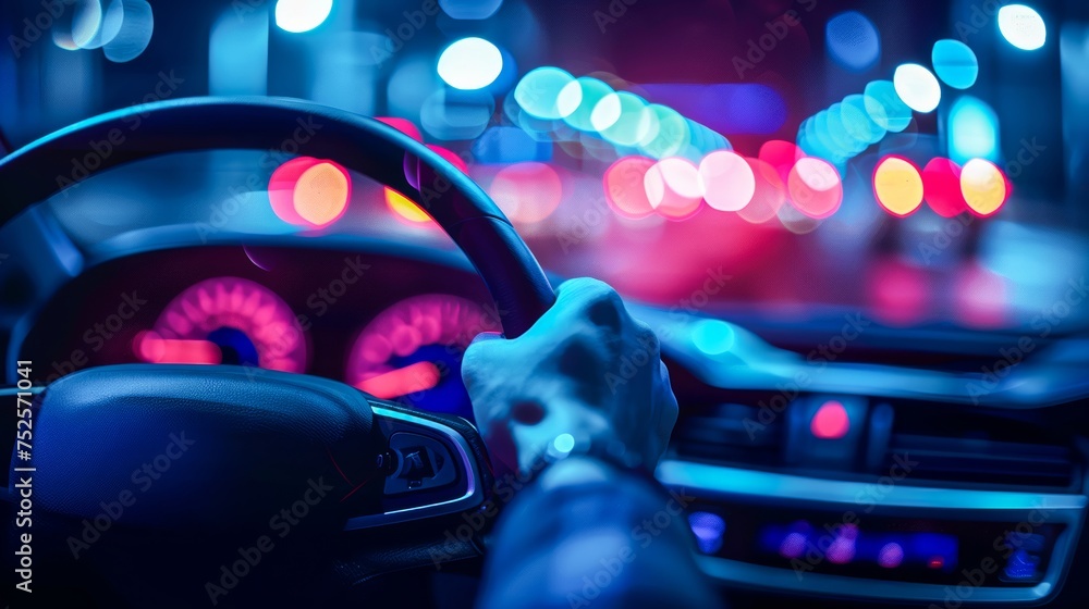 A driver's perspective navigating through a cityscape illuminated by colorful night lights
