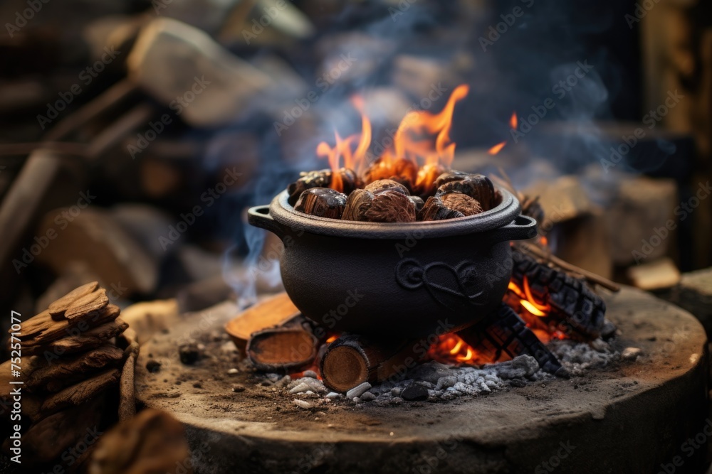 A pot of food cooking over an open fire, perfect for outdoor cooking enthusiasts A pot of food cooking over an open fire, perfect for outdoor cooking enthusiasts