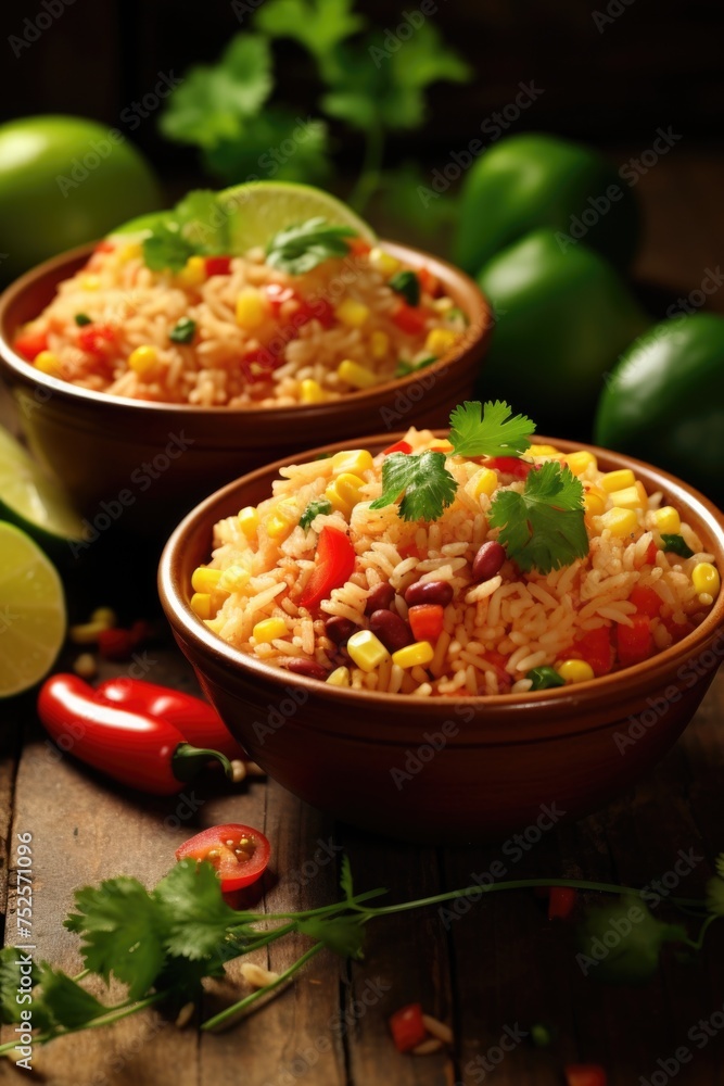 Two bowls filled with rice and vegetables, perfect for healthy eating concept Two bowls filled with rice and vegetables, perfect for healthy eating concept