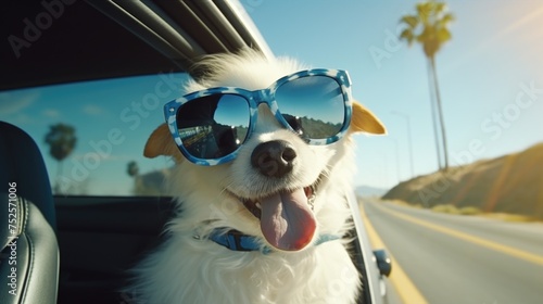A cool dog wearing sunglasses sitting in a car. Perfect for pet travel blogs © Fotograf