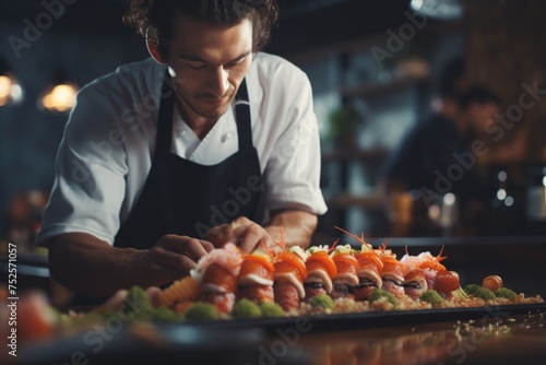 A man preparing a sushi dish in a restaurant. Ideal for food and culinary concepts