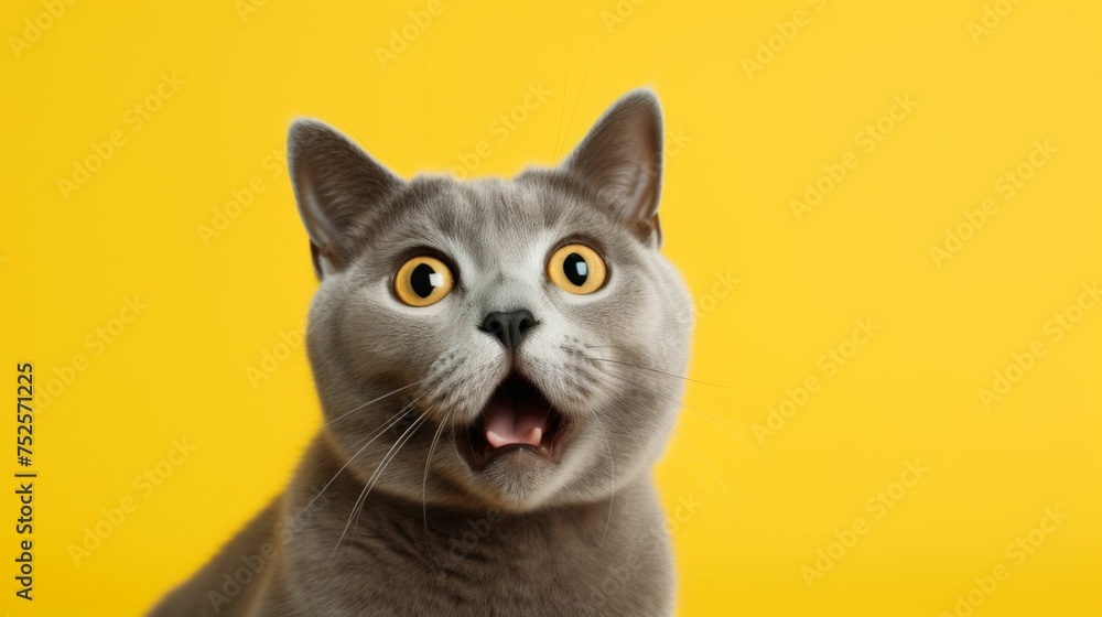 Surprised British Shorthair Cat on Yellow Background. Generative ai