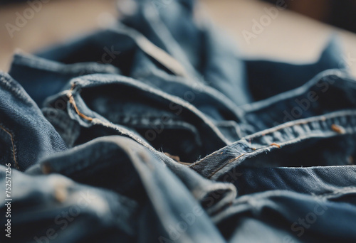 Old jeans upcycling idea Crafting with denim recycling old clothers hobby diy activity Sustainable lifestyle, thrifting and upcycling concept photo