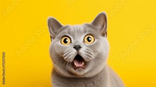 Surprised British Shorthair Cat on Yellow Background. Generative ai