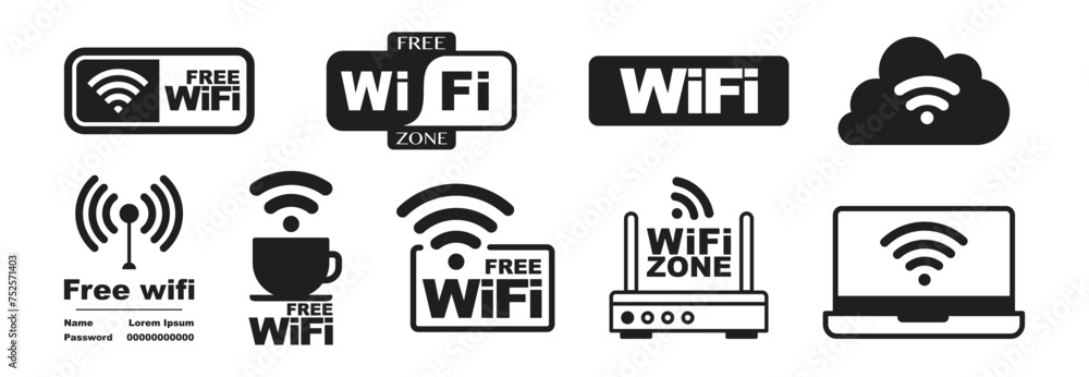 Set of free WiFi and zone sign. PNG. Icon wifi signal. Wireless internet symbol. Set of sign for connect of network