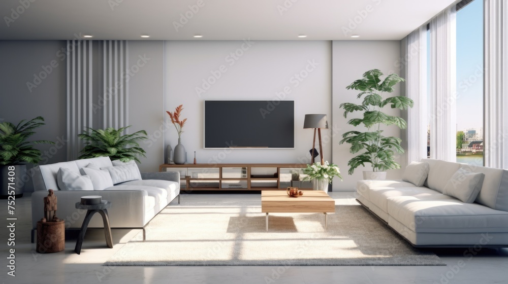 A modern living room featuring a flat screen TV. Suitable for interior design concepts A modern living room featuring a flat screen TV. Suitable for interior design concepts