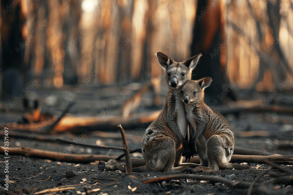 Kinguru in a burnt forest. Forest fires, animal rescue, natural disasters, drought.