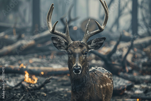 Roe deer in a burnt forest. Forest fires, animal rescue, natural disasters, drought. © alsu0112