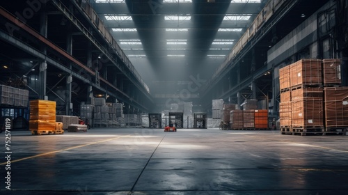 Warehouse filled with boxes and pallets, perfect for logistics and storage concepts photo