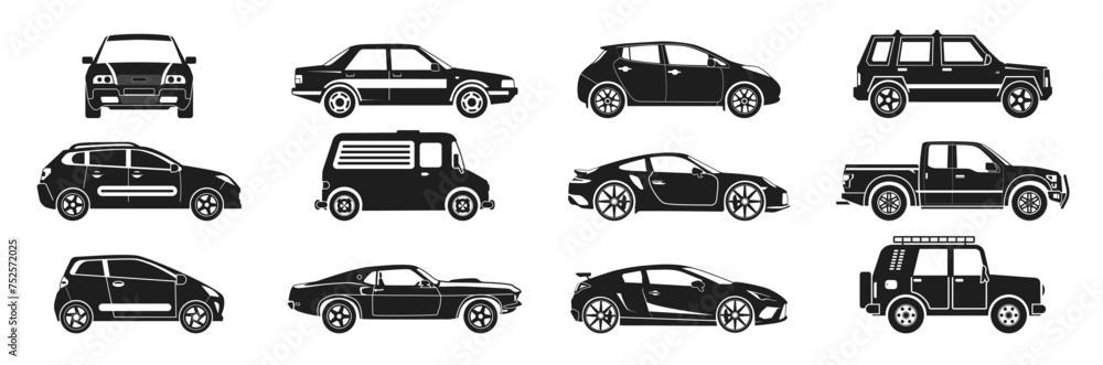 Car Types Vector Set. Vector set illustration of simple deformed various types of car icons pictograms