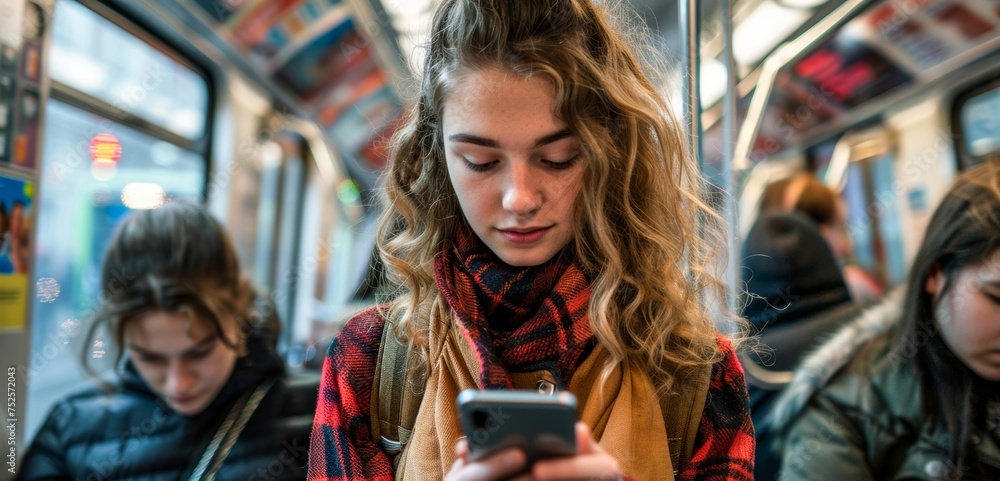 A young woman engrossed in her smartphone amidst a crowded subway, highlighting urban life and connectivity A young woman engrossed in her smartphone amidst a crowded subway, highlighting urban life and connectivity