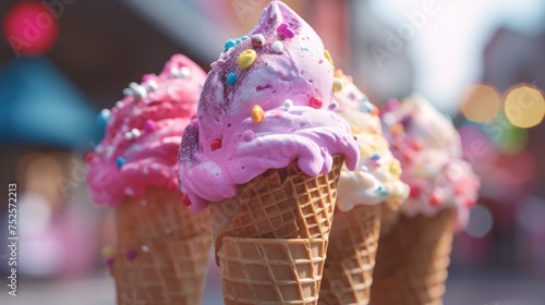 Colorful ice cream cones with sprinkles, perfect for summer treats