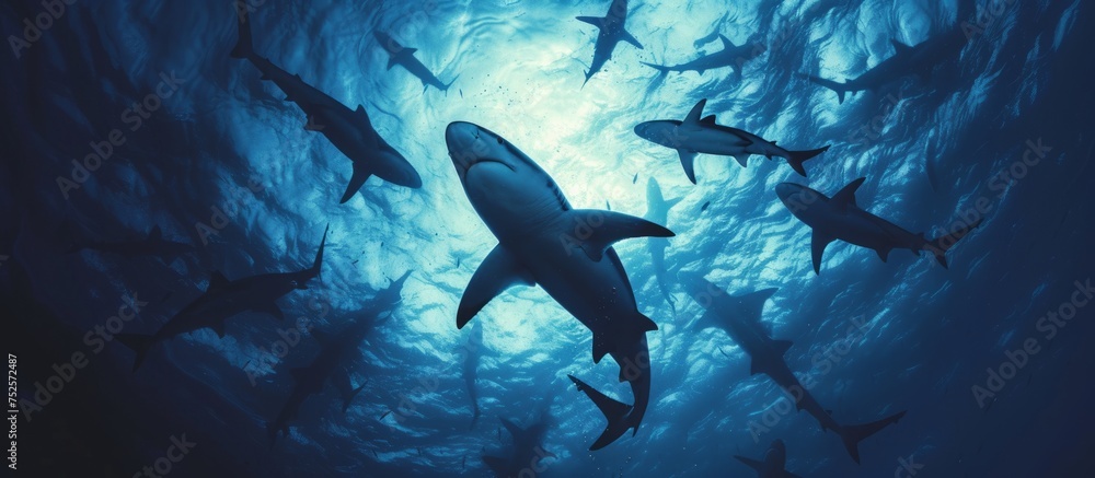 A mesmerizing group of sharks gracefully swimming in the vast, majestic ocean waters A mesmerizing group of sharks gracefully swimming in the vast, majestic ocean waters