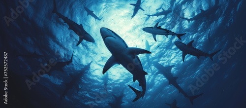A mesmerizing group of sharks gracefully swimming in the vast, majestic ocean waters