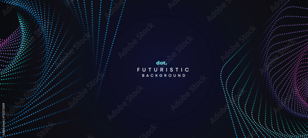 Naklejka premium Abstract Dark Navy Blue Green Gradient Waving Circles Flowing Dot Technology Banner Background. Purple Pink Gradient Glowing Dotted Wave Digital Futuristic Diagonal Banner for Cover, Website, Header