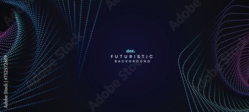 Abstract Dark Navy Blue Green Gradient Waving Circles Flowing Dot Technology Banner Background. Purple Pink Gradient Glowing Dotted Wave Digital Futuristic Diagonal Banner for Cover, Website, Header