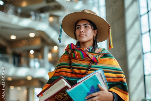 Indigenous college student with books returning to university photo
