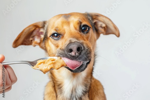 Joyful dog indulging in spoonfuls of peanut butter Adorable puppy happily licks unsalted peanut butter using a large pink tongue Harrier mix dog likely female photo