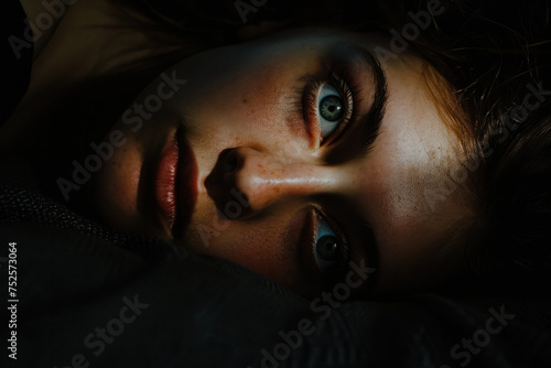Intense Gaze from a Mysterious Person Basking in Dramatic Light Contrast. Insomnia and nightmares photo