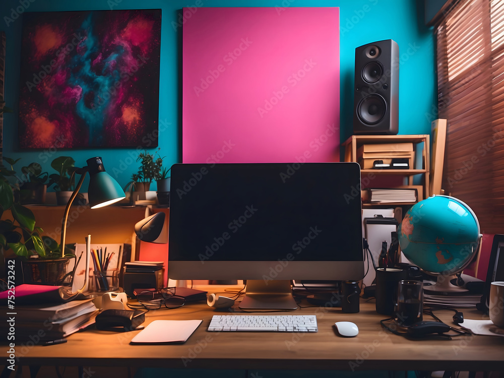 Stylish workspace with a computer and posters at home or in the studio. Stylish workspace with a computer and posters at home or in the studio.