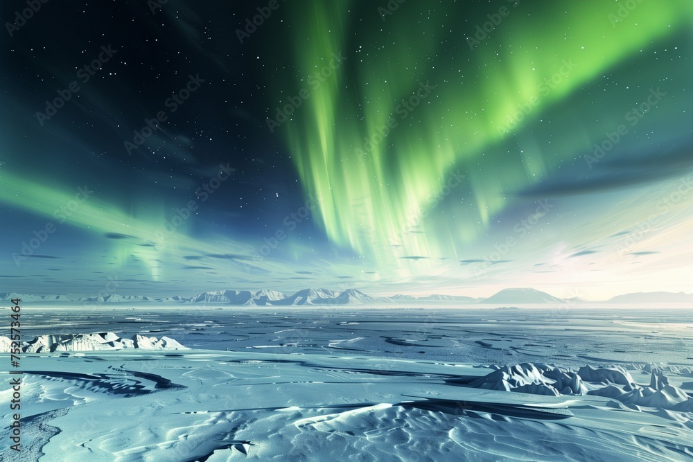 The serene beauty of the Northern Lights dancing over a pristine, icy landscape, illuminated by the ethereal glow of the aurora borealis on Earth Day.