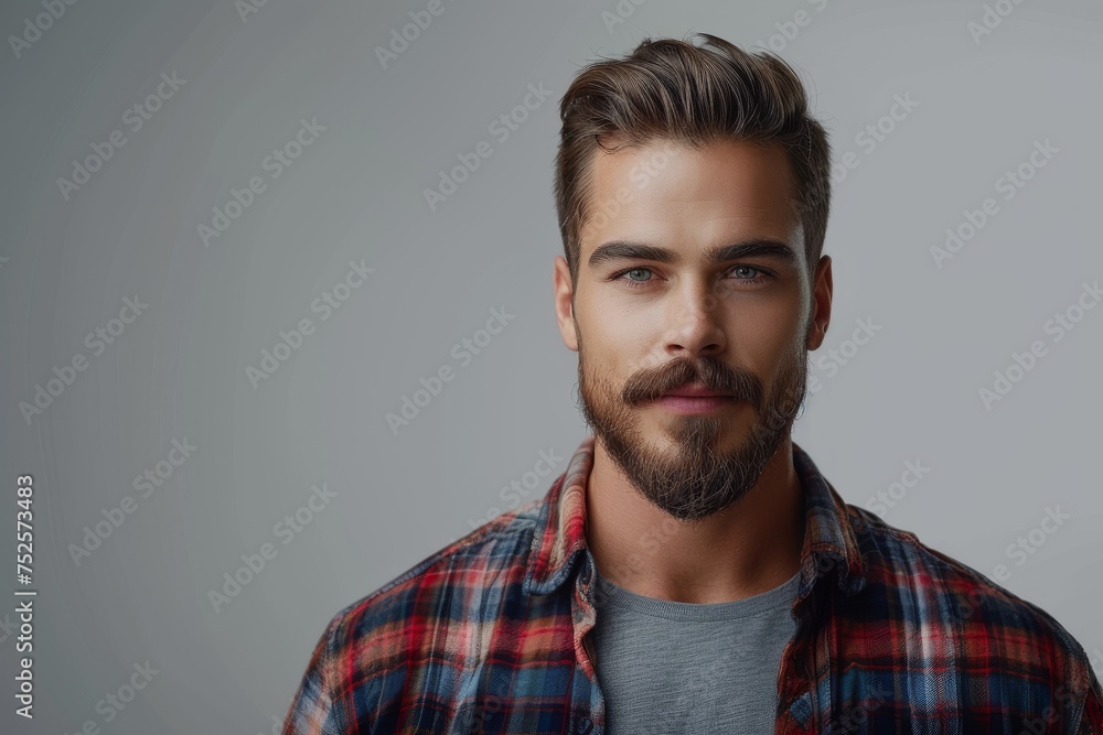 Fototapeta premium Masculine portrayal Handsome bearded man gazes at camera against grey backdrop
