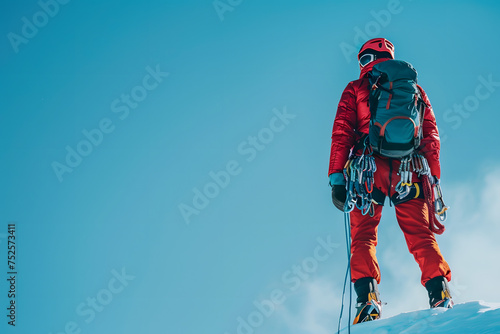 mountain climber with gear, isolated on a high-altitude blue background, embodying adventure and the spirit of climbing 