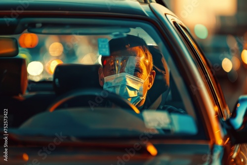 Man in car wearing medical mask during quarantine traffic jam to prevent spread of covid 19