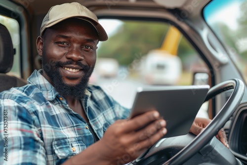 Man truck driver holding tablet behind wheel