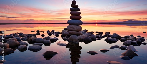 A stack of rocks balanced on top of each other  situated on a body of water. The rocks glisten in the sunlight  creating a striking contrast against the waters surface.