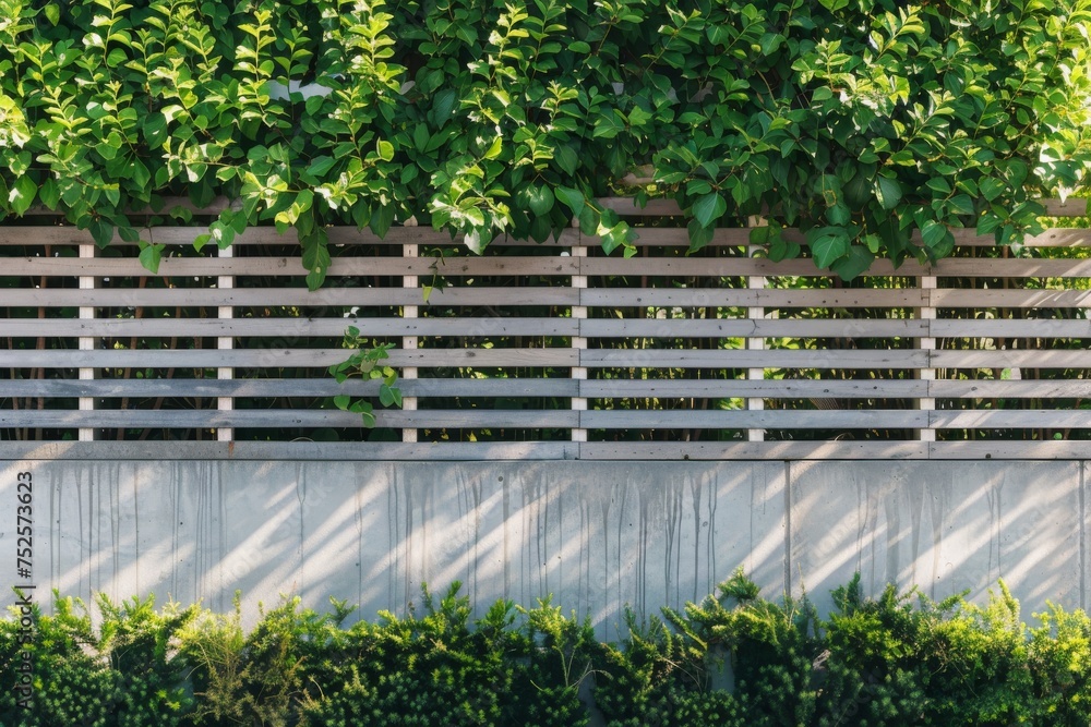 metal fillings with concrete blocks underlay a metal aluminum fence for privacy around the garden with horizontal slats providing coverage and a tuji hedge add